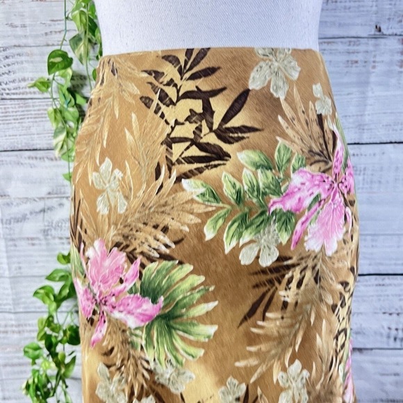 Charter Club Skirt size 16 Brown Green Pink Floral Linen Silk Bias A Line Knee - Picture 6 of 13